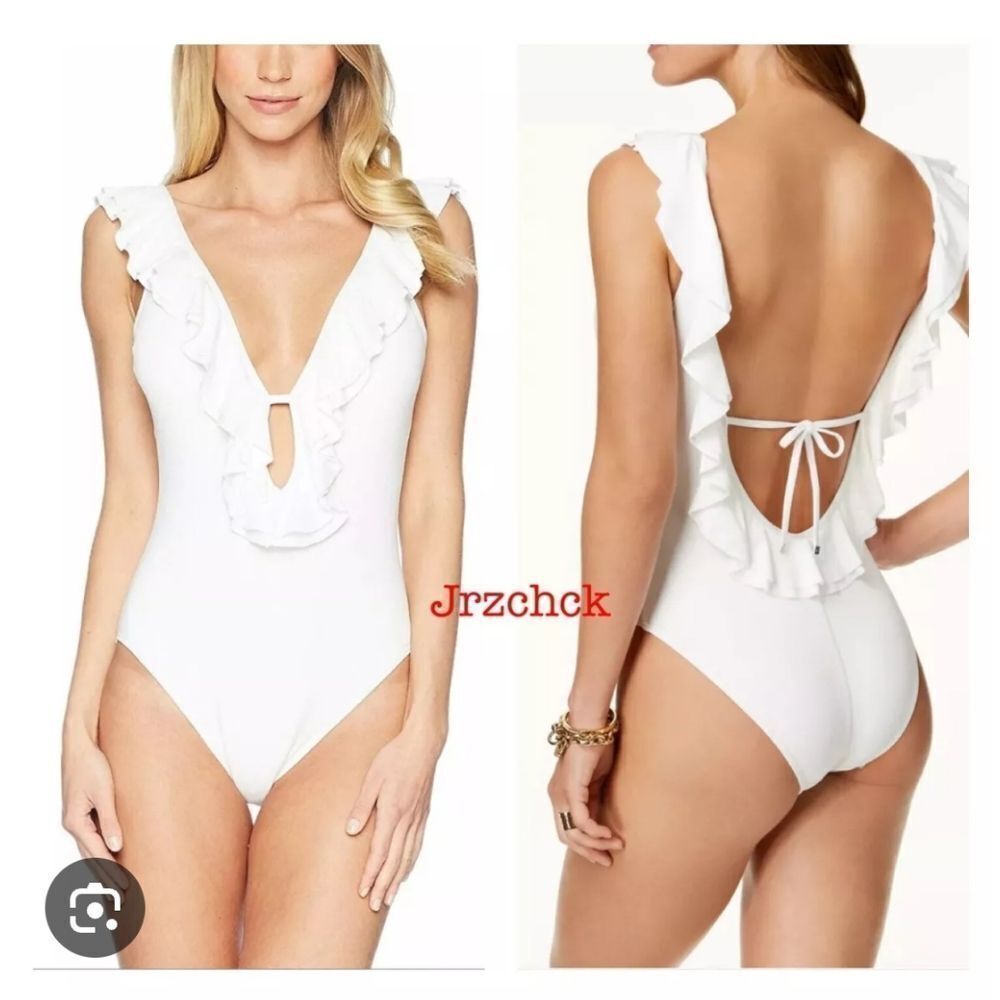 Michael Kors Women’s White Ruffled Plunging V Neck One Piece Swimsuit